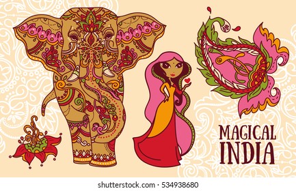 set of vector illustrations for magical india: cute woman, elephant, paisley