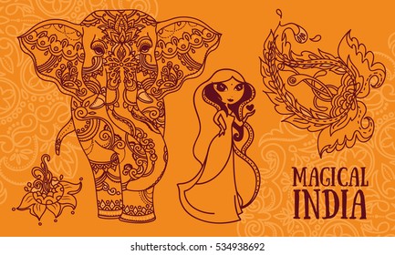 set of vector illustrations for magical india: cute woman, elephant, paisley