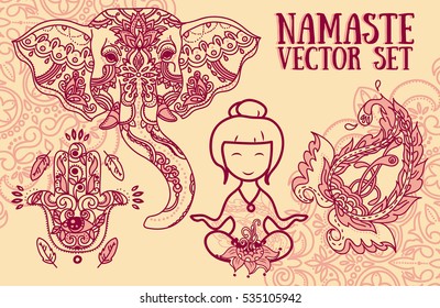 set of vector illustrations for magical india and yoga: meditation woman, elephant, paisley and hamsa
