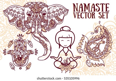 Set Of Vector Illustrations For Magical India And Yoga: Meditation Woman, Elephant, Paisley And Hamsa