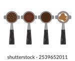 Set of vector illustrations making fresh coffee drinks. Fragrant roasted and ground coffee beans. Coffee tamper. Top view. Isolated on white background. For designing food and drink menus, coffee shop