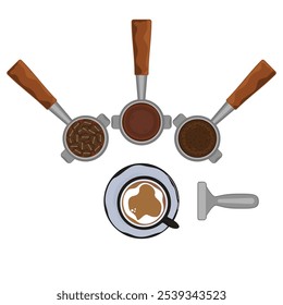 Conjunto de Ilustraciones vectoriales que hacen bebidas de café fresco. Fragantes granos de café tostados y molidos. Manipulador de café. Vista superior. Aislado sobre fondo blanco. Para diseñar menús de comida y bebida, cafetería