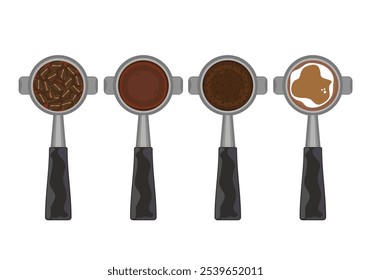 Set of vector illustrations making fresh coffee drinks. Fragrant roasted and ground coffee beans. Coffee tamper. Top view. Isolated on white background. For designing food and drink menus, coffee shop