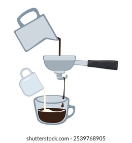 Set of vector illustrations making fresh coffee drinks Roasted and ground, fragrant Tamper mixes hot water into a cup Isolated on white background. For designing food and drink menus, coffee shops
