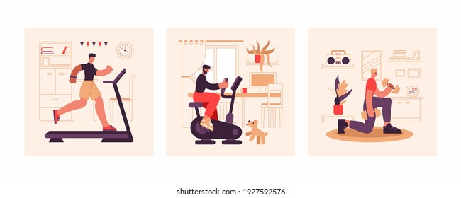 Set of vector illustrations of male athletes using exercise machines and lifting dumbbells during fitness workout in morning at home