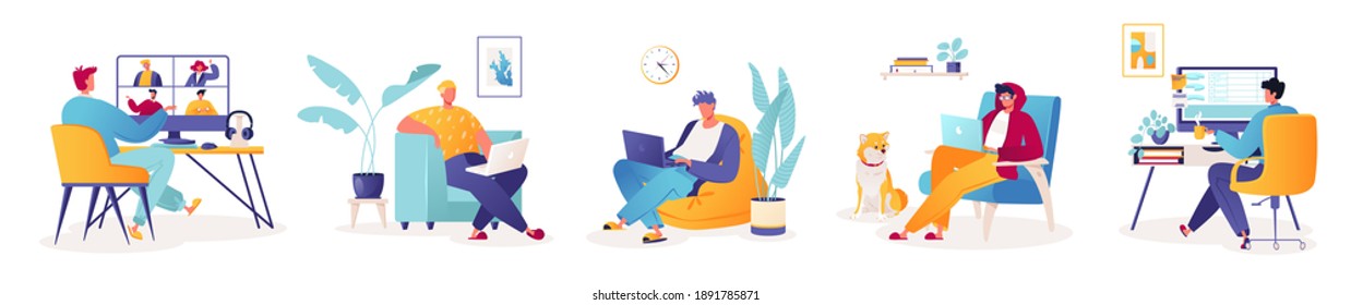Set of vector illustrations with male characters working at home, remotely or in coworking space, office. Concept of freelancing comfortable work in home. Working conditions during worldwide pandemic.