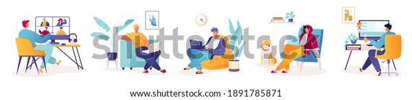 Set Vector Illustrations Male Characters Working Stock Vector (Royalty ...