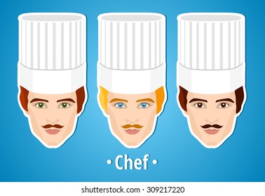Set of vector illustrations of a male chef. Man. The man's face. Icon. Flat icon. Minimalism. The stylized Man. Occupation. Job. Uniforms, cook cap. The mustachioed man.