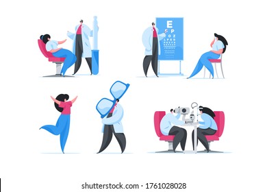 Set of vector illustrations of male doctor performing check up and cure procedures for woman during work in contemporary ophthalmology clinic