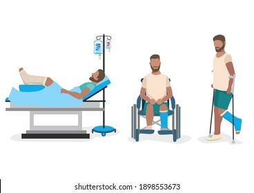 conjunto de ilustraciones vectoriales de un hombre con una pierna rota en el hospital yace en una cama, se sienta en una silla de ruedas, camina con muletas. Aislado sobre fondo blanco.