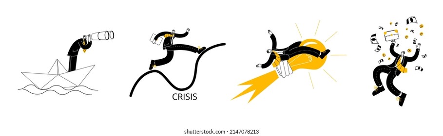A set of vector illustrations with a man in a business suit. A set of metaphor illustrations on the topic of business.