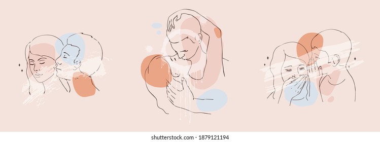 Set vector illustrations man kissing a woman.Creative freehand composition in contemporary abstract style with colorful geometric elements.