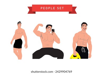 Set of vector illustrations of a man with a muscular body and a mobile phone.