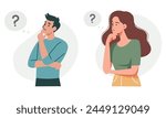 Set of vector illustrations. Man and woman in a pensive pose solving a question. Concept of problem solving 