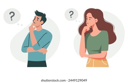 Set of vector illustrations. Man and woman in a pensive pose solving a question. Concept of problem solving 