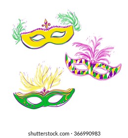 Set of vector illustrations of Mardi Gras masks with jewels and feathers. Hand drawn doodle elements in green, pink, yellow and violet colors. Three colored elements isolated on white background.