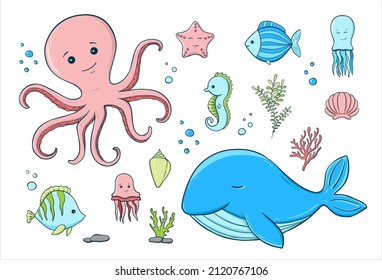 A set of vector illustrations of marine life. Children's drawing of fish, octopus, algae.