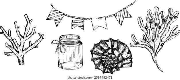 Set Vector Illustrations. Marine Theme. Seashells, Starfish, Corals, Glass, Flags On Isolated Background In Outline Style. Sketches Drawn With Black Ink. Underwater Art.