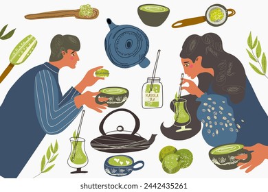 Set of vector illustrations Matcha tea, a healthy drink matcha latte. Various matcha tea products. Japanese tea culture. Hand drawn vector color fashion illustration.