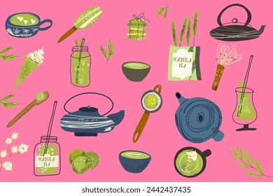 Set of vector illustrations Matcha tea, a healthy drink matcha latte. Various matcha tea products. Japanese tea culture. Hand drawn vector color fashion illustration.