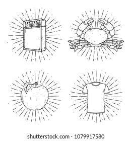 Set of vector illustrations - matchbox, crab, apple and t-shirt with divergent rays. Used for poster, banner, web, t-shirt print, bag print, badges, pilot, logo design and more.