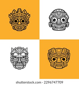 Set of Vector Illustrations: Maya Mask in Cartoon Style, Line Art, Icon Design, and Coloring Page