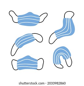 Conjunto de ilustraciones vectoriales con máscaras faciales médicas aisladas en fondo blanco.  Pandemia de coronavirus de Covid-19. Protección contra virus cosas útiles.
