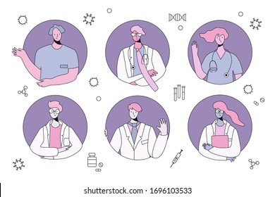 Set of vector illustrations of medical specialists, doctors and nurses. Modern flat vector concept digital illustration of medical office or laboratory workers in minimal style. Doctors Team concept