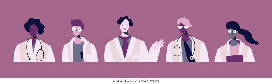Set of vector illustrations of medical specialists, doctors and nurses. Modern flat vector concept digital illustration of medical office or laboratory workers in minimal style. Doctors Team concept
