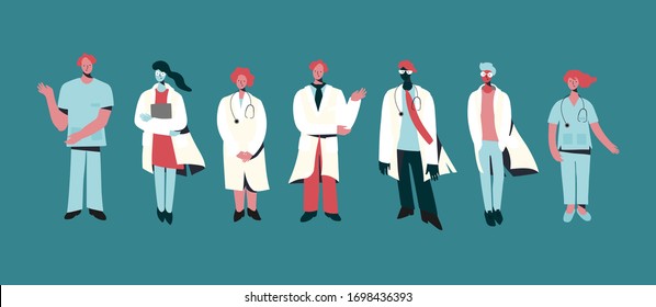 Set of vector illustrations of medical specialists, doctors and nurses. Modern flat vector concept digital illustration of medical office or laboratory workers in minimal style. Doctors Team concept