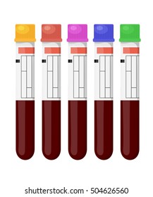 Set of vector illustrations of medical test tubes with colored caps for a blood test on white background. Medical test tubes, isolate. Subject to blood tests in the laboratory. Cartoon style.