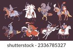 Set of vector illustrations of medieval knights wearing armor, helmet, sword in hand riding horse in protective suit. Cartoon concept of Chivalry Middle ages, isolated on brown background