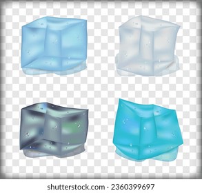 Set of vector illustrations of melting realistic style colourful ice cubes