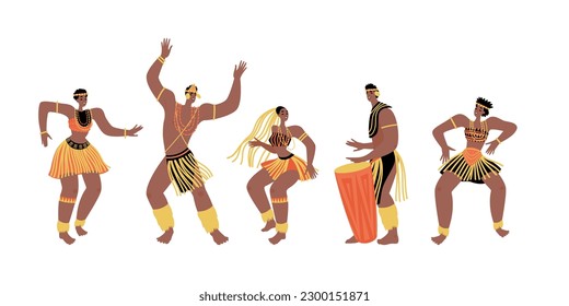 Set of vector illustrations of men and women dancing traditional African dances. Cute characters in flat style