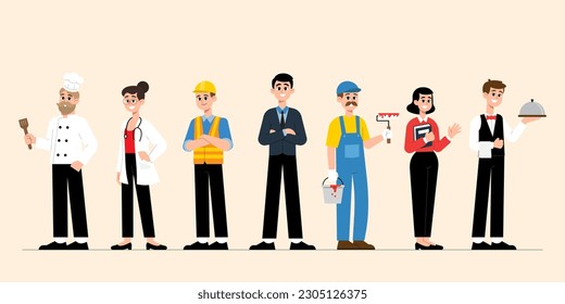 set of vector illustrations men and women workers from different professions wearing professional uniforms.happy labor day concept.