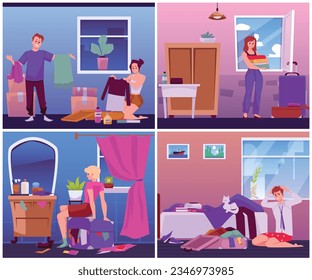 Set of vector illustrations of men, women are packing their suitcases, baggages against the backdrop of rooms. People preparing for the journey. Concept for Time to travel in flat style