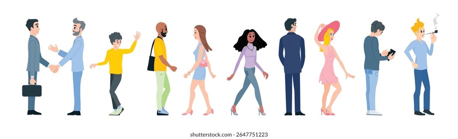 A set of vector illustrations of men and women. Group of people. 