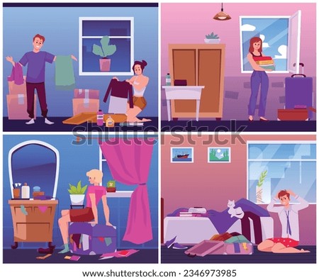Set of vector illustrations of men, women are packing their suitcases, baggages against the backdrop of rooms. People preparing for the journey. Concept for Time to travel in flat style