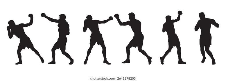 Set of vector illustrations of men's boxing silhouettes . Boxing kickboxing sport silhouette . EPS 10