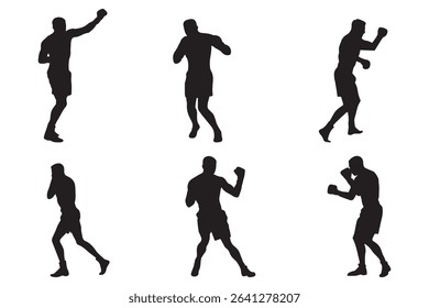 Set of vector illustrations of men's boxing silhouettes . Boxing kickboxing sport silhouette . EPS 10