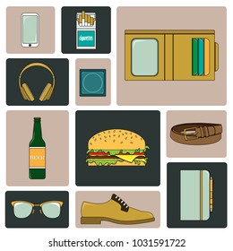 Set of vector illustrations - men's way of life. 