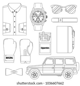 Set of vector illustrations - men's way of life.  Black-and-white line art.