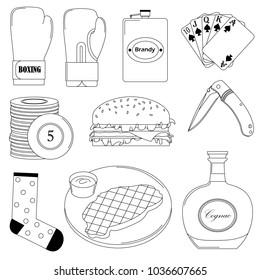 Set of vector illustrations - men's way of life.  Black-and-white line art.