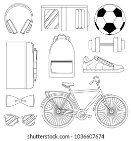 Set of vector illustrations - men's way of life.  Black-and-white line art.