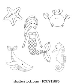 set of vector illustrations, mermaid, whale, sea horse and starfish, fairy-tale characters, coloring