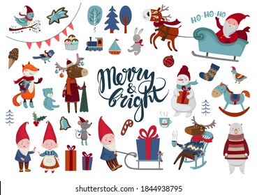 Set of vector illustrations Merry & Bright. Santa Claus, cute gnomes, gift boxes, polar bear, fox, moose, snowman, trees, mouse, gingerbread, toys, christmas deer.