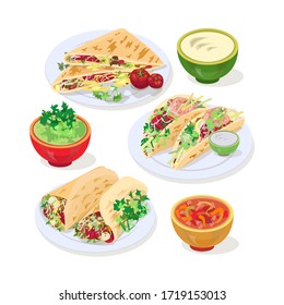 Conjunto de ilustraciones vectoriales. La comida mexicana. Burrito, tacos, quesadilla. Tres salsas en tazones. Aislado sobre un fondo blanco.