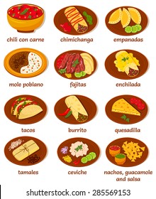 set of vector illustrations of  mexican food: chili con carne, chimichanga, empanadas, mole poblano, fajitas, enchilada, tacos, burrito, quesadilla, tamales, ceviche, nachos, guacamole, salsa svg
