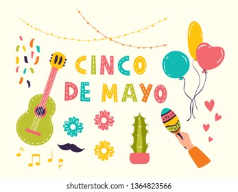 Set of vector illustrations for a mexican holiday Cinco de Mayo. Drawings of guitar with music notes, cactus and flowers, balloons,moustache, hearts, garland, confetti, hand with maracas.