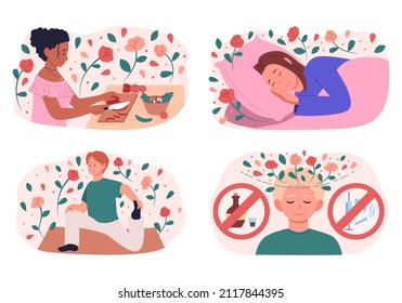 Set of vector illustrations. Mindfulness way of life. People lead a healthy lifestyle. The girl cooks healthy food. Maintains a sleep schedule. Does yoga. Avoids smoking and alcohol.